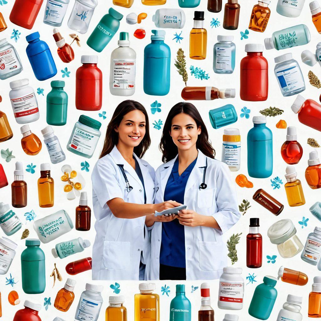 A collage of various pharmacy-related elements, including medication bottles, medical prescriptions, and a pharmacist assisting a patient. Incorporate visual symbols of health like a caduceus, a heartbeat line, and natural remedies for holistic healing. The background should be bright and inviting, with a clean layout to enhance readability. super-realistic. vibrant colors. white background.